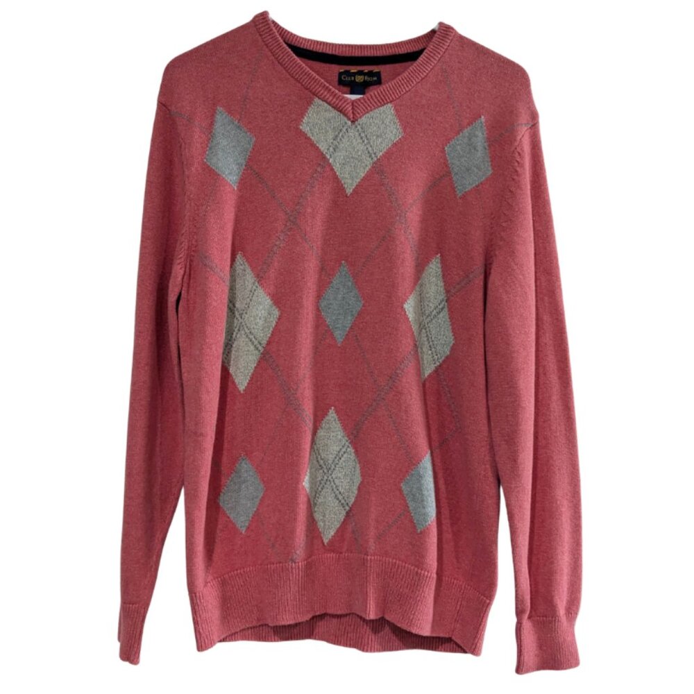 Club Room Men's Argyle V-Neck Sweater, Pink Gray, Size Small, 100% Cotton